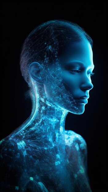 Het gezicht van een vrouw is bedekt met een blauw licht.