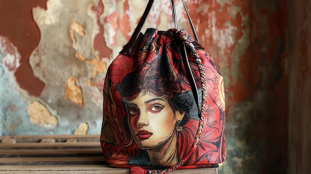 het gezicht van een vrouw is geschilderd op een tas met een foto van een vrouw