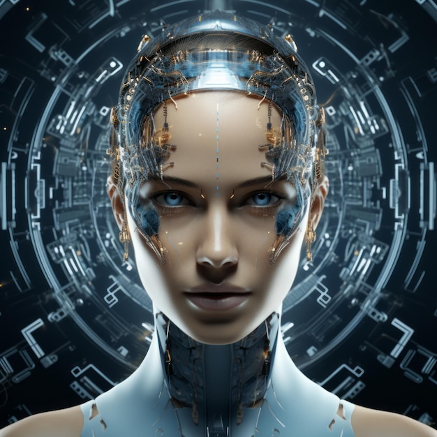 het gezicht van een vrouw met een robothoofd op een futuristische achtergrond