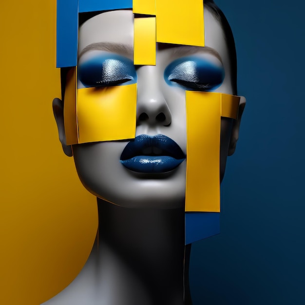 Het gezicht van een vrouw met gele en blauwe vierkanten erop