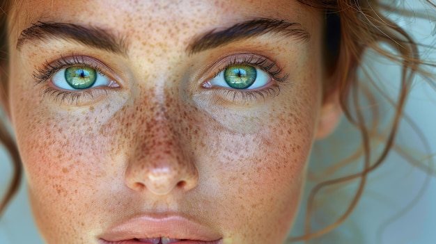 Foto het gezicht van een vrouw met sproeten en groene ogen in close-up