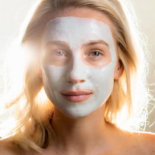 Het gezicht van een vrouw na het gebruik van een gezichtsmasker Haar huid is helder en verfrissend met een gezonde gloed