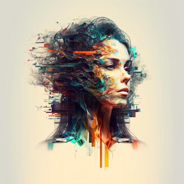 Het gezicht van een vrouw wordt getoond met een kleurrijke achtergrond.
