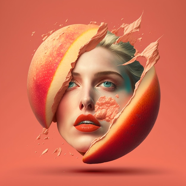 Foto het gezicht van een vrouw wordt omringd door een schijfje perzik.