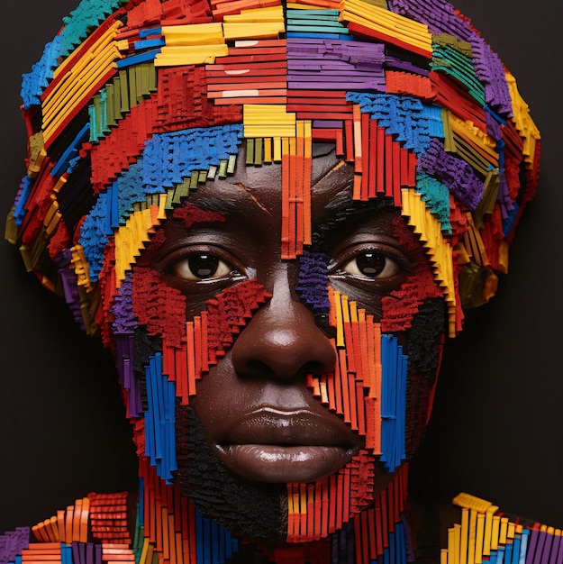 Het gezicht van een zwarte vrouw versierd met kleurrijke regenboog ornamenten symbool van de vrijheid van vrouwen