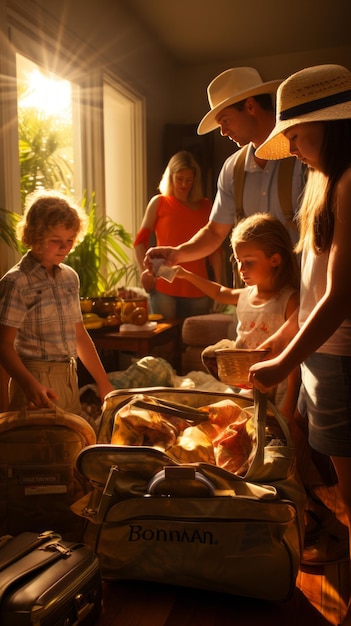 Het gezin bereidt hun koffers voor op een reis op vakantie samen genieten van de zon die binnenkomt voor de verkoop