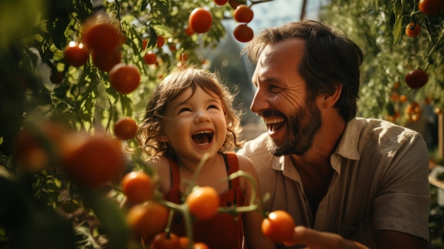 Het gezin deelde de vreugde van het oogsten van tomaten in hun weelderige tuin.