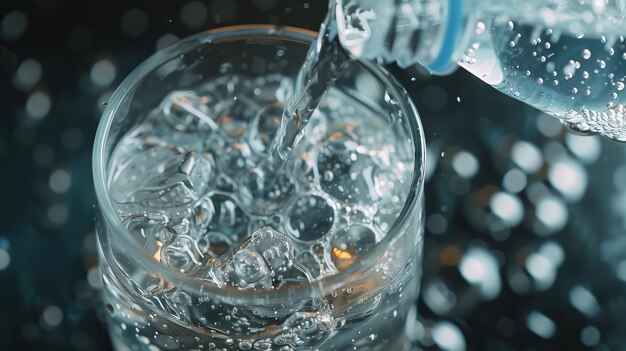 Foto het gieten van bruisend water uit een plastic fles in een glazen fles.