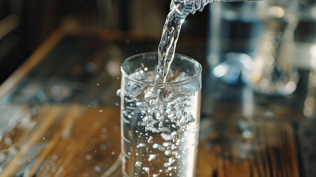 Het gieten van gezuiverd zoet water op een houten tafel gezondheidszorgconcept