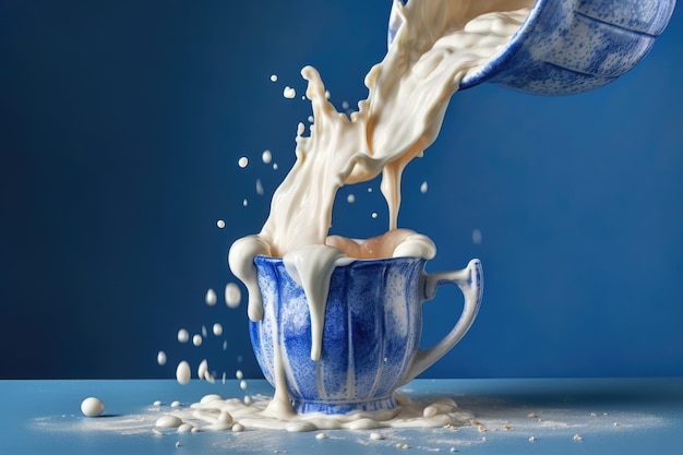 Het gieten van melk spat tegen een blauwe achtergrond gecreëerd met generatieve ai