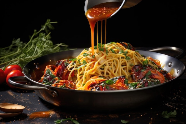 Het gieten van saus over vers gekookte pasta in een levendige schotel