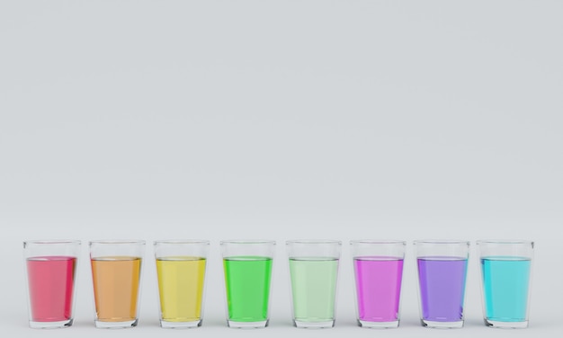 Het glas water in het water komt in vele kleuren, witte achtergrond 3D-rendering