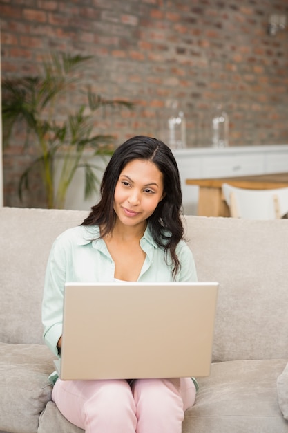 Het glimlachen brunette gebruikend laptop op de bank