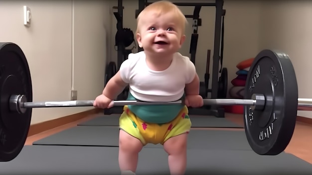 Het glimlachende blanke sterke baby jongen tilt een kilo barbell neurale netwerk gegenereerd beeld