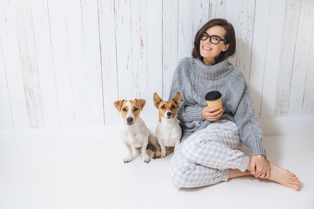 Het glimlachende vrolijke jonge wijfje draagt warme wollen sweater, vierkante eyewear, drinkt hete drank