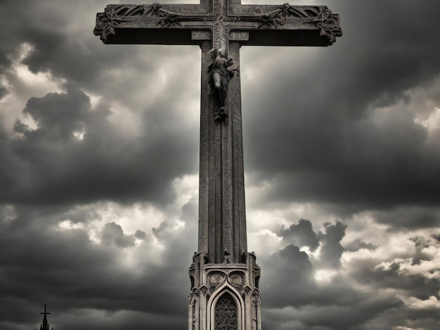 Het gotische kathedraalkruis staat hoog tegen de dramatische hemel die ai heeft gegenereerd.