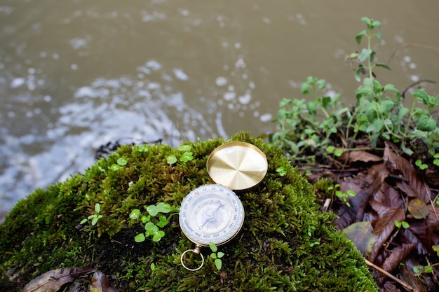 Het gouden kompas ligt op het mos bij de rivier