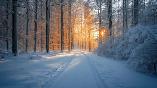 Het gouden licht van de zonsondergang filtert door een besneeuwd bos en werpt een warme gloed op het rustige pad.