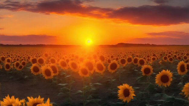 Foto het gouden licht verlicht een veld van zonnebloemen zonsondergang over een uitgestrekt glooiend landschap