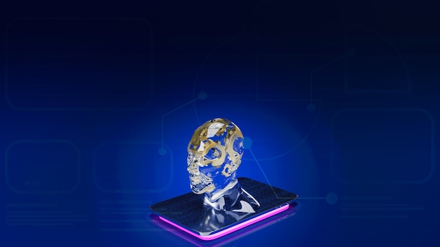 Het gouden tandwiel in de menselijke kristallen kop voor ai of machine learning voor 3D-rendering van het technologieconcept