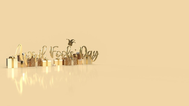 Het gouden woord april dwazen dag en geschenkdoos voor vakantie concept 3D-rendering