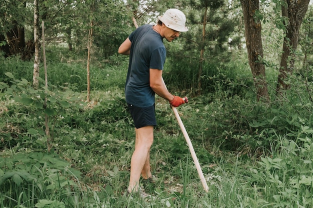 Het gras op de traditionele ouderwetse manier maaien met de handzeis op de boerderij van het huishouden