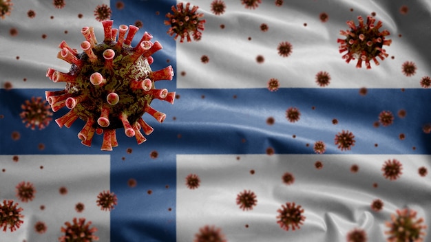 Het griepcoronavirus zweeft boven de Finse vlag, een ziekteverwekker die de luchtwegen aantast