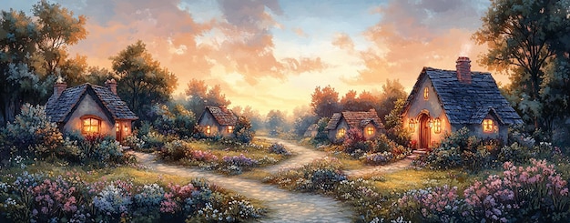 Het grillige pasteldorp bij zonsondergang