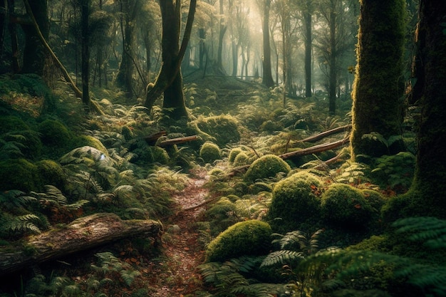 Het groene bos is bedekt met mos Generatieve AI