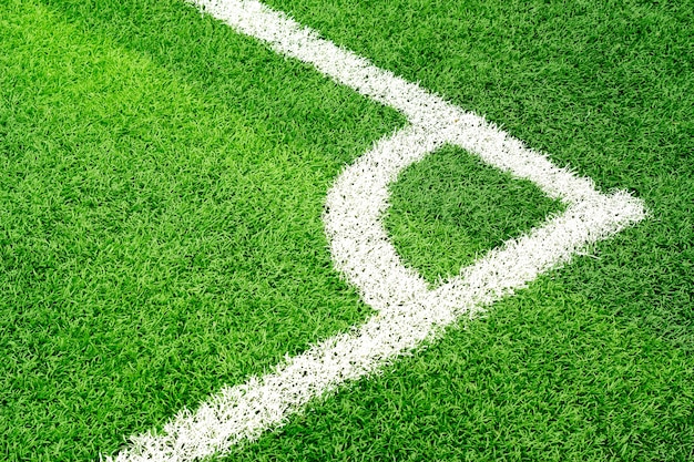 Het groene gras van het voetbalgebied en witte hoeklijn