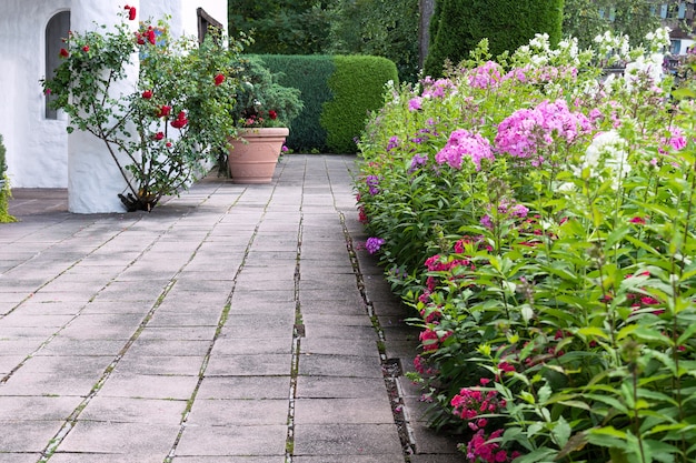 Het grondgebied van het huis is versierd met phlox-bloemen, rozen en hagen.