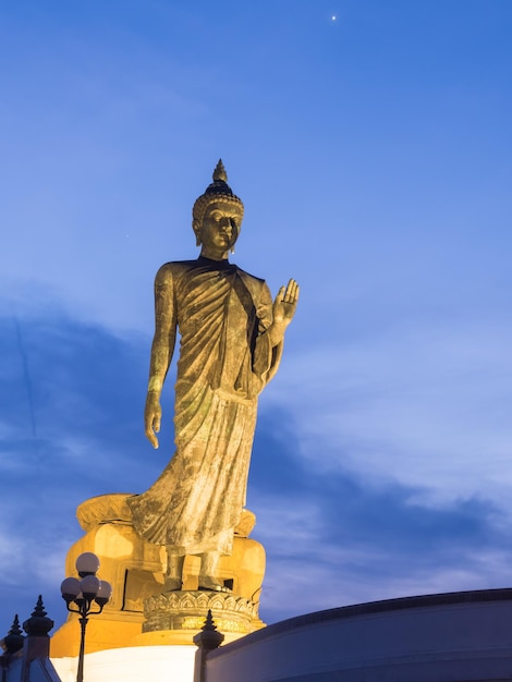 Het grote bronzen standbeeld van Boeddha in de boeddhistische provincie Phutthamonthon Thailand in schemertijd