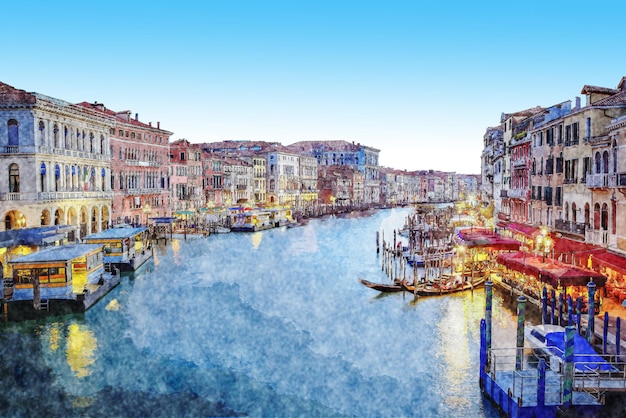 Het Grote kanaal bij nachtfoto's van Ponte Rialto, Venetië.