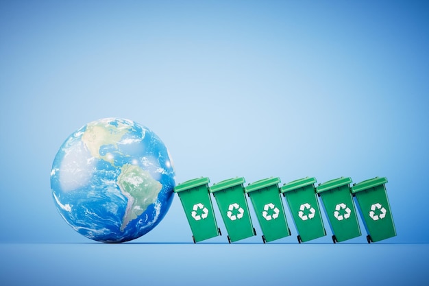 Het handhaven van de ecologische situatie op de planeet een vuilnisbak met recyclingpictogrammen en een planeet