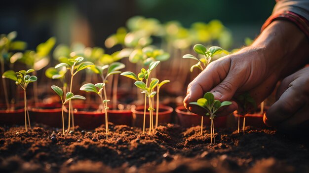 Het handmatig kweken van zaden van groenten op zaaigrond in een tuin metaforisch concept van tuinieren landbouw