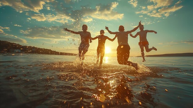 Het hebben van een goede tijd op een zomerdag met vrienden spetteren rond in het water en zwemmen in het meer Generatieve AI