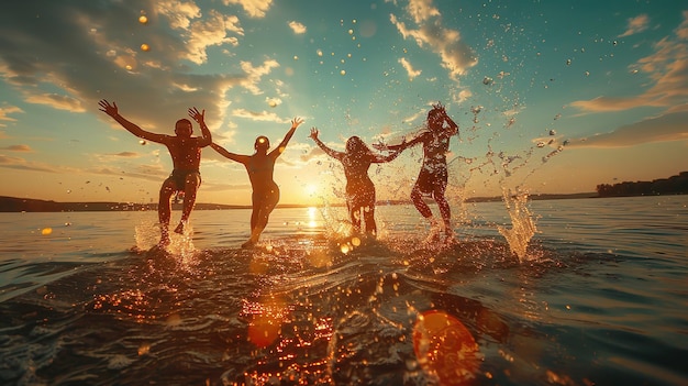 Het hebben van een goede tijd op een zomerdag met vrienden spetteren rond in het water en zwemmen in het meer Generatieve AI