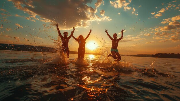 Het hebben van een goede tijd op een zomerdag met vrienden spetteren rond in het water en zwemmen in het meer Generatieve AI