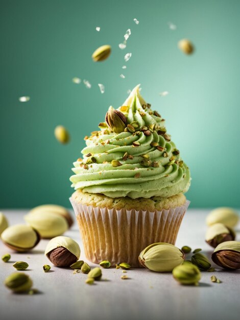 Foto het heerlijke pistache cupcake dessert heeft een zachte lichtgroene tint die verwijst naar het belangrijkste ingrediënt.