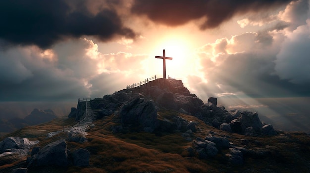 Het heilige kruis dat de dood en opstanding van Jezus Christus symboliseert met de hemel boven Calvary Hill is gehuld in licht en wolken Generatieve AI