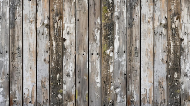 Het hek is gemaakt van verticale houten planken die verweerd zijn en een ruwe textuur hebben