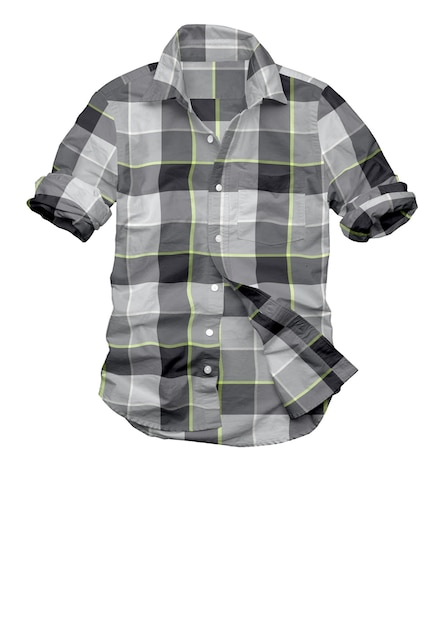 Het hemd van de kleine jongen is een grijs met zwart geruit hemd met een groene streep.
