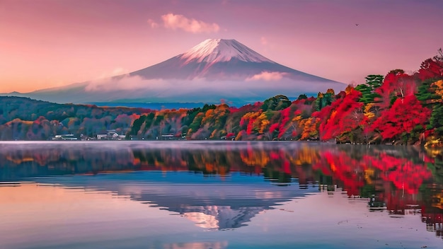 Het herfstseizoen en de berg Fuji bij het Kawaguchiko-meer in Japan