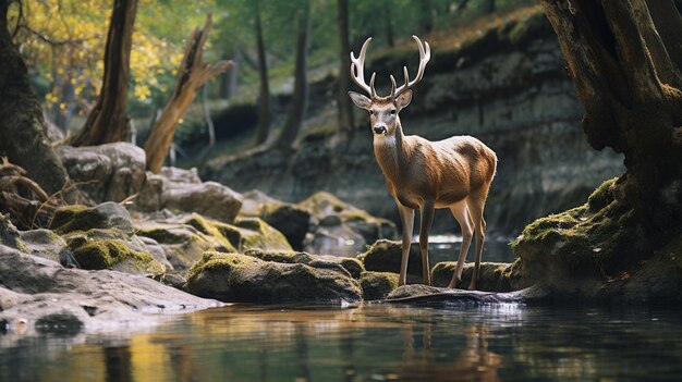 Het hert staat in het bos bij de rivier.