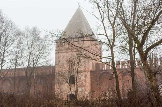 Het historische stadscentrum van Smolensk, Rusland. Oude kasteelmuur van het Kremlin in Smolensk in de winter. Vervagen