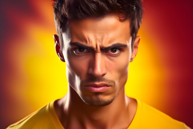 Het hoofd en de schouders van een jonge volwassen Latijns-Amerikaanse man op een oranje achtergrond