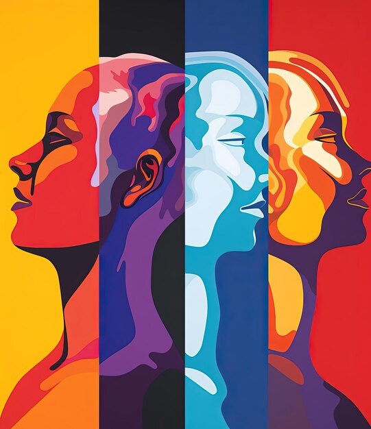 Het hoofd van de vrouw heeft vier verschillende stemmen in de stijl van levendige spectrum kleuren
