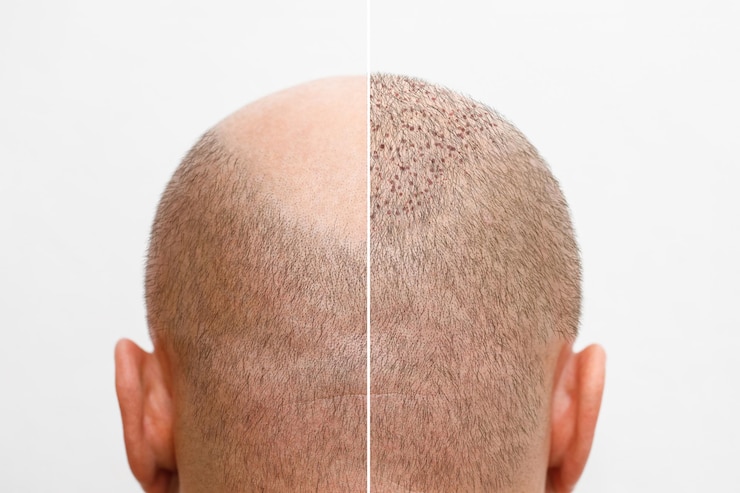 Het hoofd van een kalende man voor en na een haartransplantatie is een man die zijn haar verliest geworden