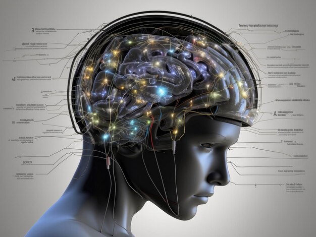 Foto het hoofd van een man met een hersenkaart van de delen van de hersenen