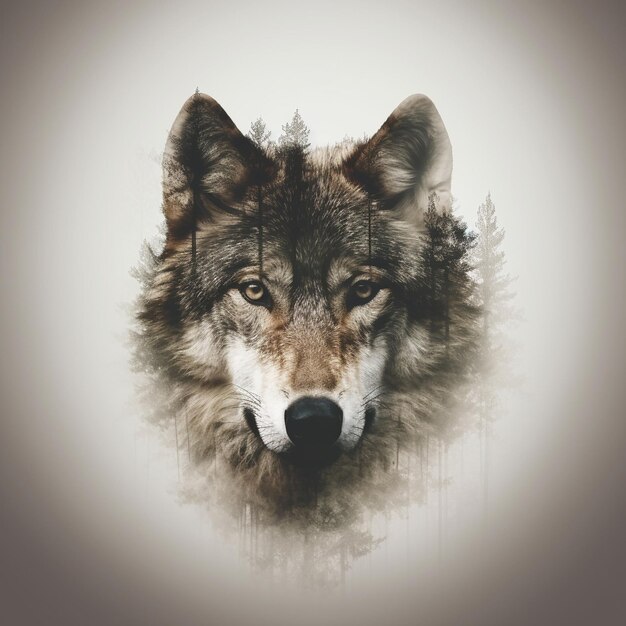 Foto het hoofd van een wolf op een witte achtergrond met dubbele belichting retro design grafisch element
